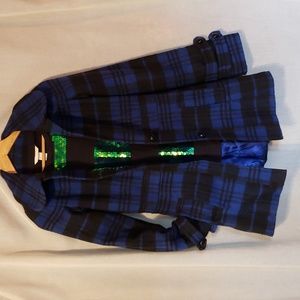 Handmade 🧵🪡OOAK Blue plaid wool coat, fully lined, extra long sleeves, XS TALL